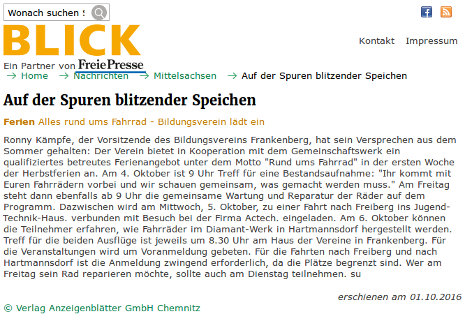 Blick vom 01.10.2016 zum Herbstferienprojekt "Rund ums Fahrrad"