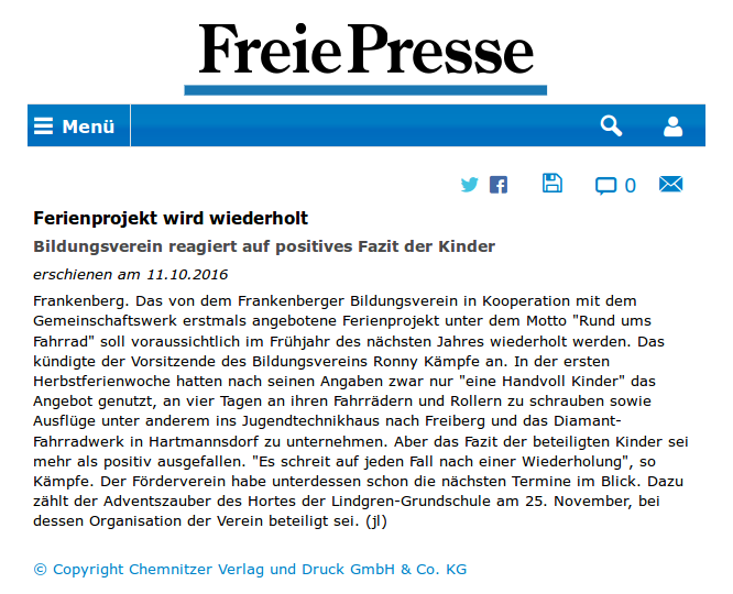 Freie Presse vom 11.10.2016 zum Herbstferienprojekt "Rund ums Fahrrad"