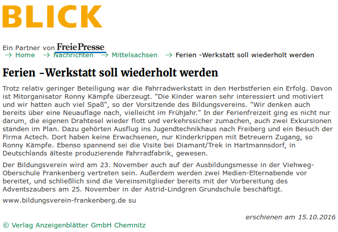 Blick vom 15.10.2016 zum Herbstferienprojekt "Rund ums Fahrrad"
