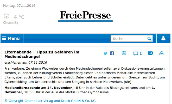Freie Presse vom 07.11.2016 zu den Medienelternabenden