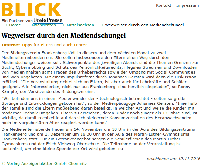 Blick vom 12.11.2016 zu den Medienelternabenden