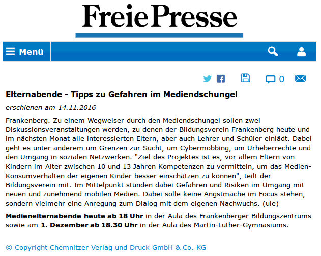 Freie Presse vom 14.11.2016 zu den Medienelternabenden