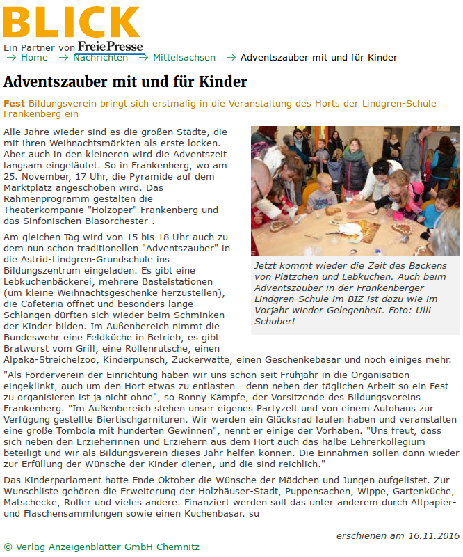 Blick vom 16.11.2016 zum Adventszauber im Hort der Astrid-Lindgren-Grundschule