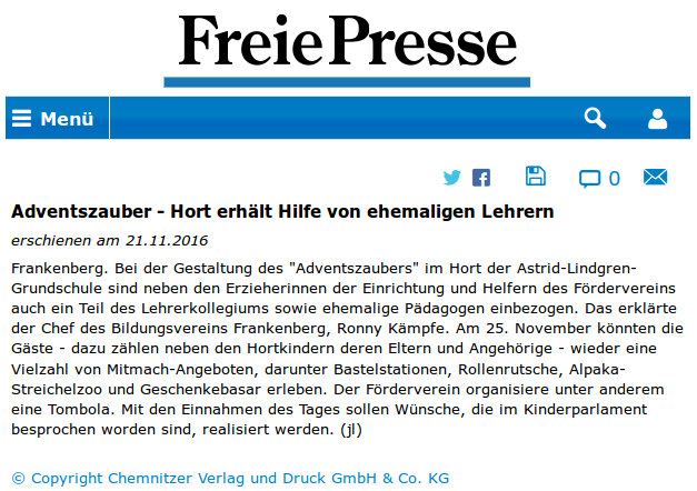 Freie Presse vom 21.11.2016 zum Adventszauber im Hort der Astrid-Lindgren-Grundschule