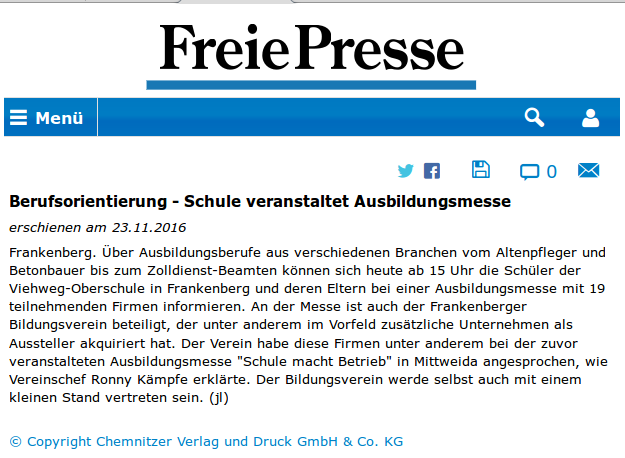 Freie Presse vom 23.11.2016 zur Ausbildungsmesse der Erich-Viehweg-Oberschule