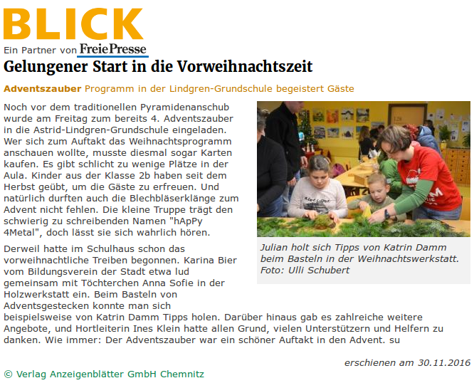 Blick vom 30.11.2016 zum Adventszauber im Hort der Astrid-Lindgren-Grundschule